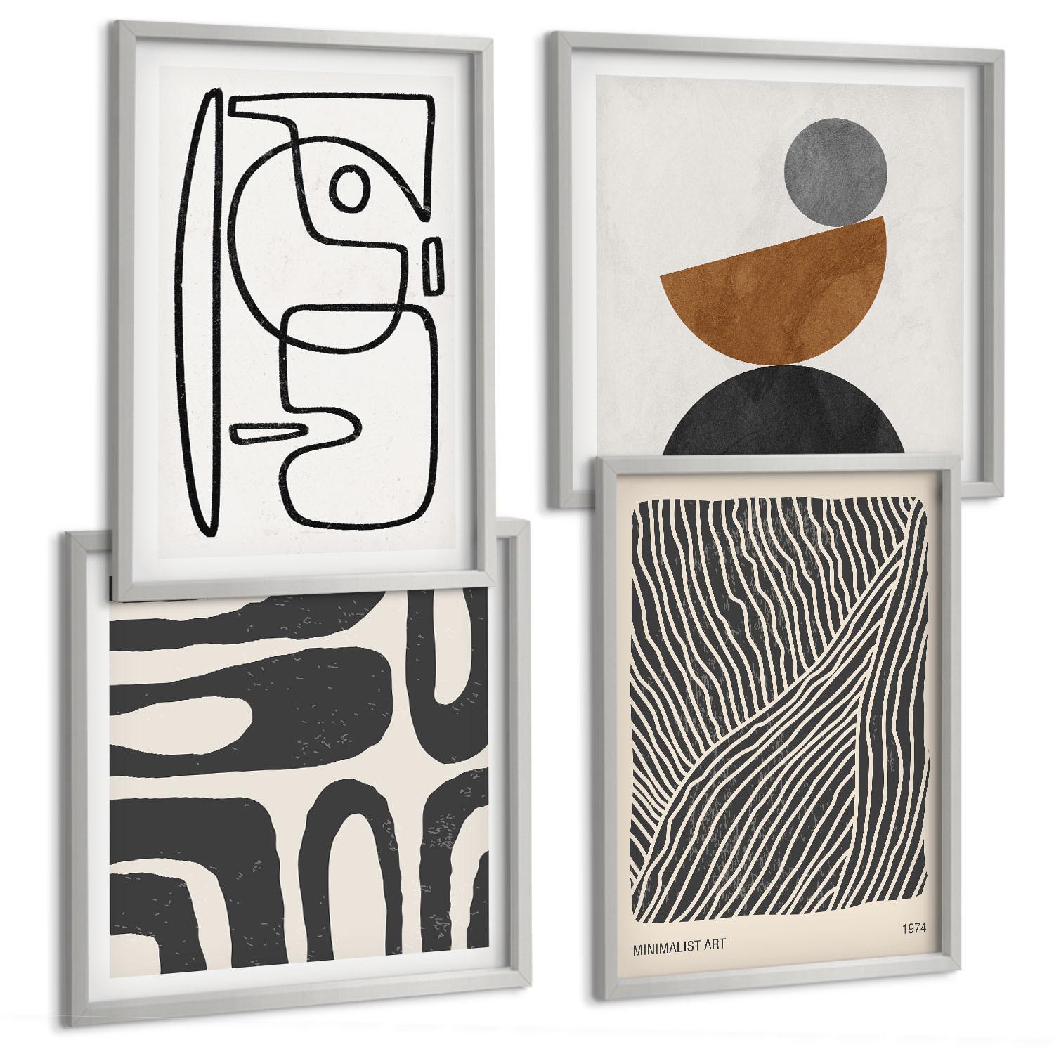 BILDER SET 4er Set - 50x50 cm & 40x60 cm Silberner Rahmen - Abstrakte Muster mit Linien - Silberfarben, Kunststoff (50/50cm) - TULUP