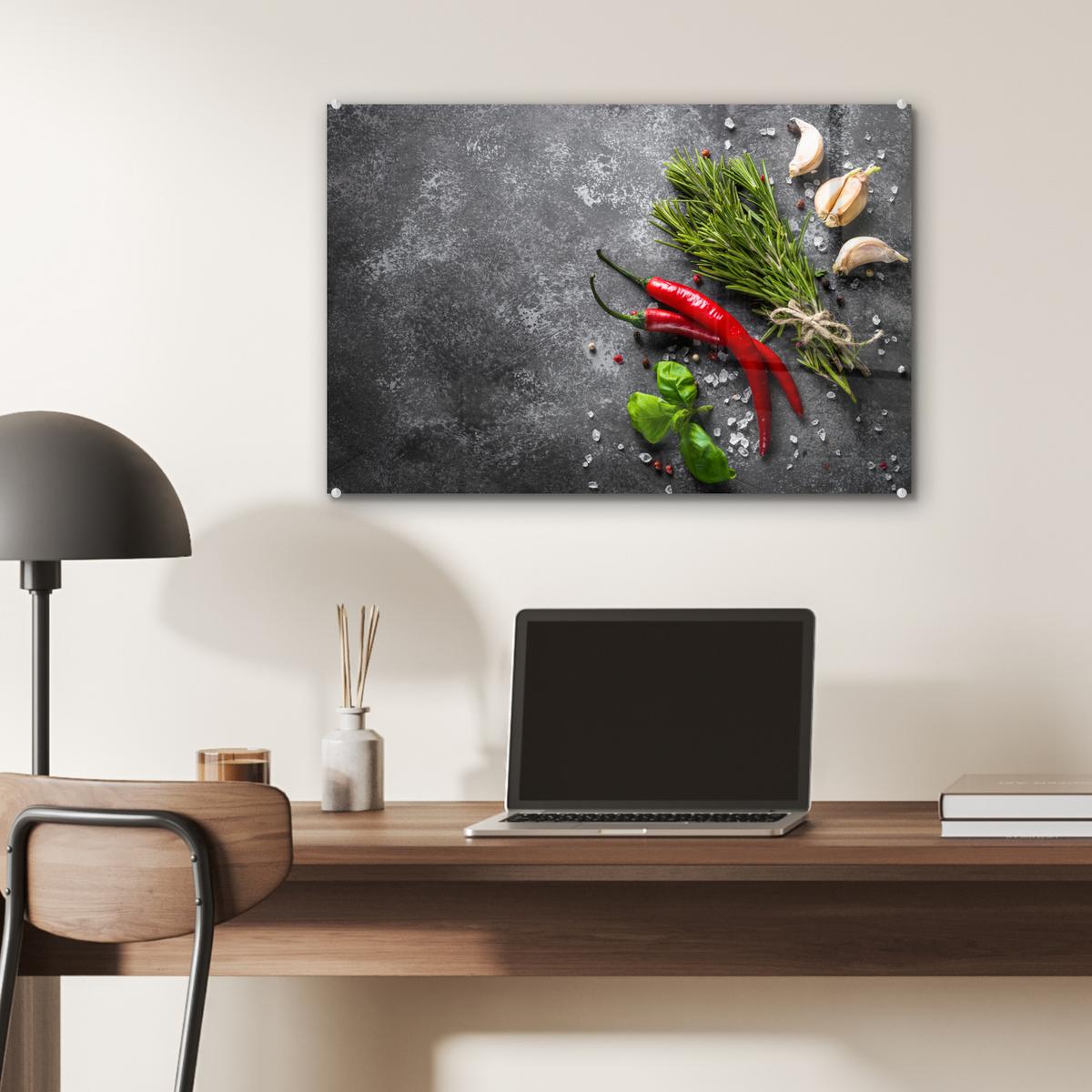 ACRYLGLASBILD Pfeffer - Kräuter - Gewürze - Beton Wanddeko 60x40 cm - Dunkelgrau, Glas (60/40cm) - MuchoWow