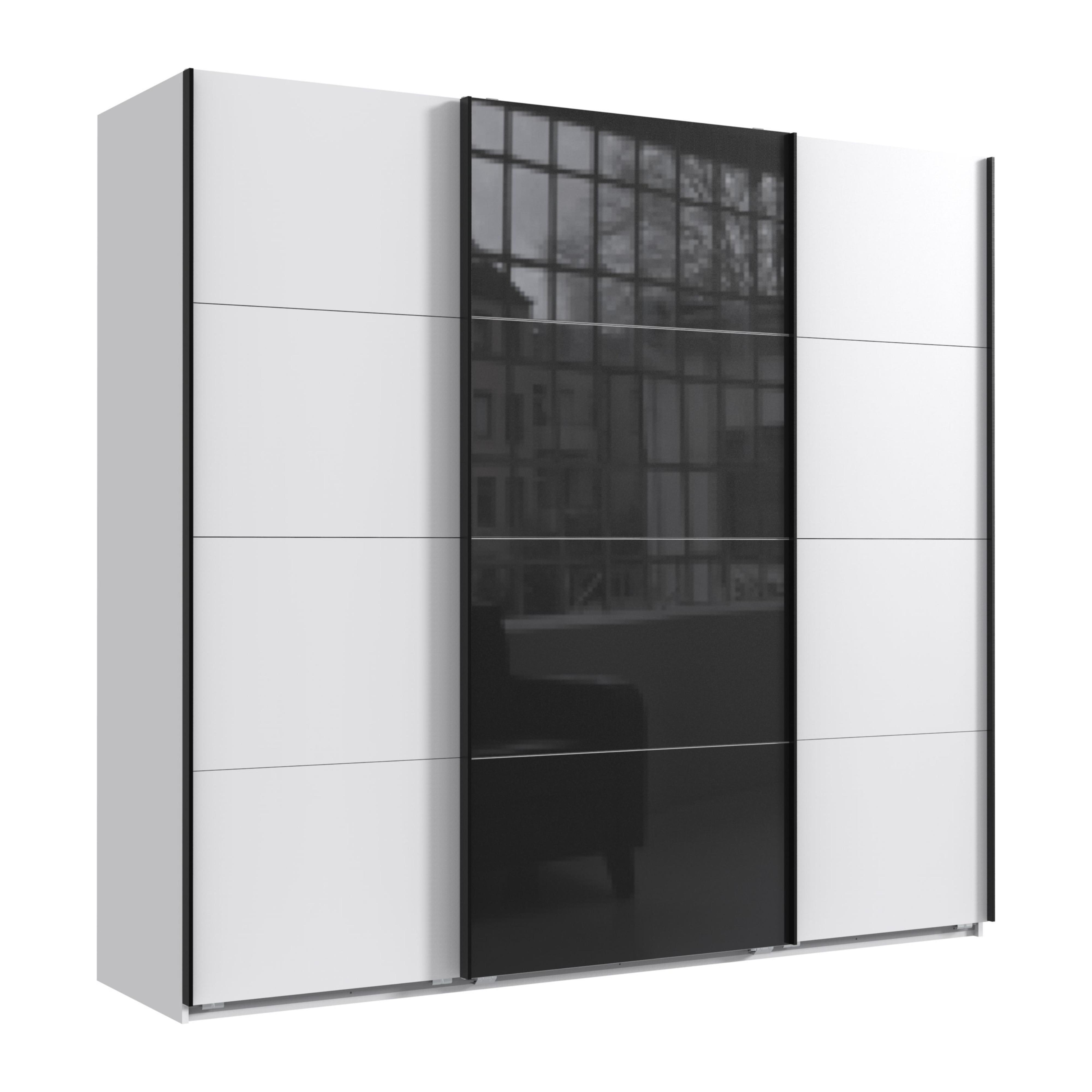 SCHWEBETÜRENSCHRANK 3-türig B225/H208/T64 cm in Weiß, Kleiderschrank mit einer Glasfront-Tür in Schwarz / 22522 - Schwarz Hochglanz/Edelstahlfarben, Holzwerkstoff/Metall (225/208/64cm) - luma-home