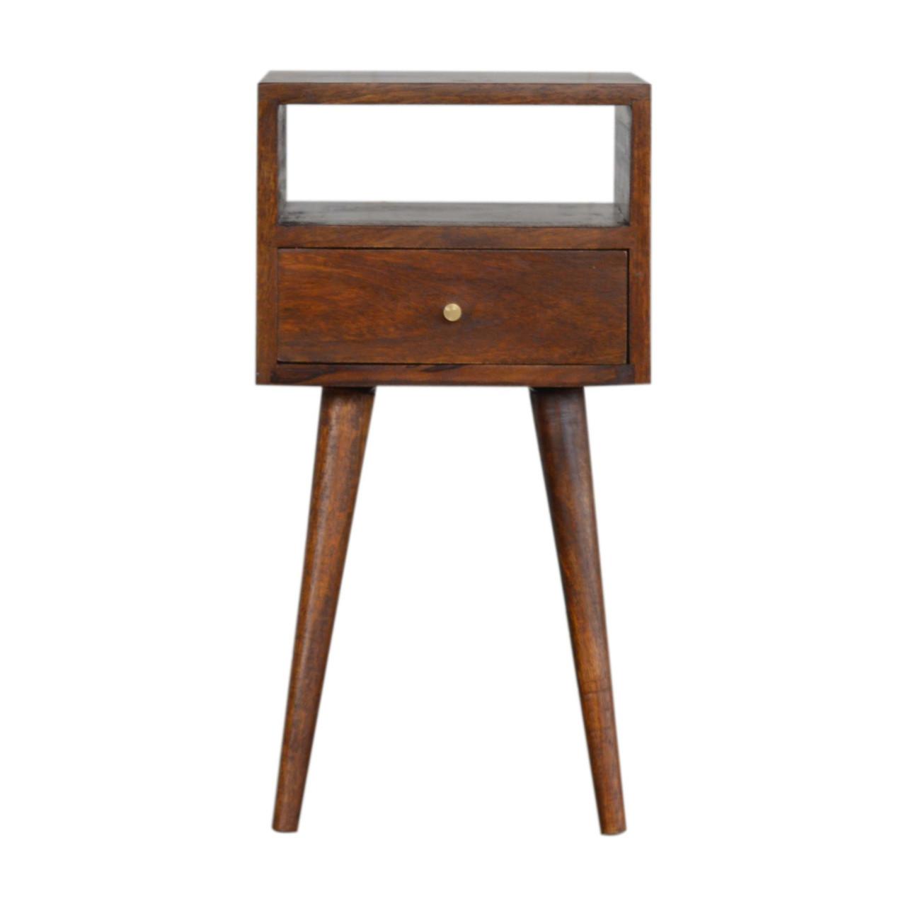 NACHTTISCH aus Massivholz, 1 Schublade, 1 Offene Lagerung, Nordische Beine, Braun - Messingfarben/Braun, Holz/Metall (30/57/30cm) - Artisan Furniture