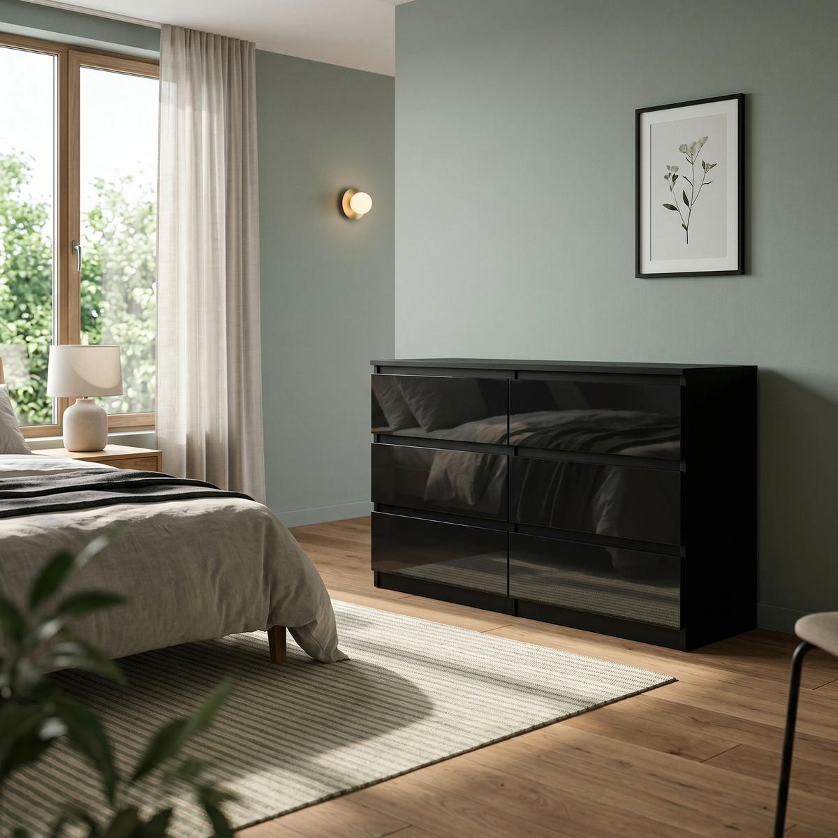 KOMMODE NUDO 120/78,5/39cm mit 6 Schubladen Türen Schwarz - Schwarz Hochglanz/Schwarz, Holzwerkstoff (120/78.5/39cm) - MASSENO
