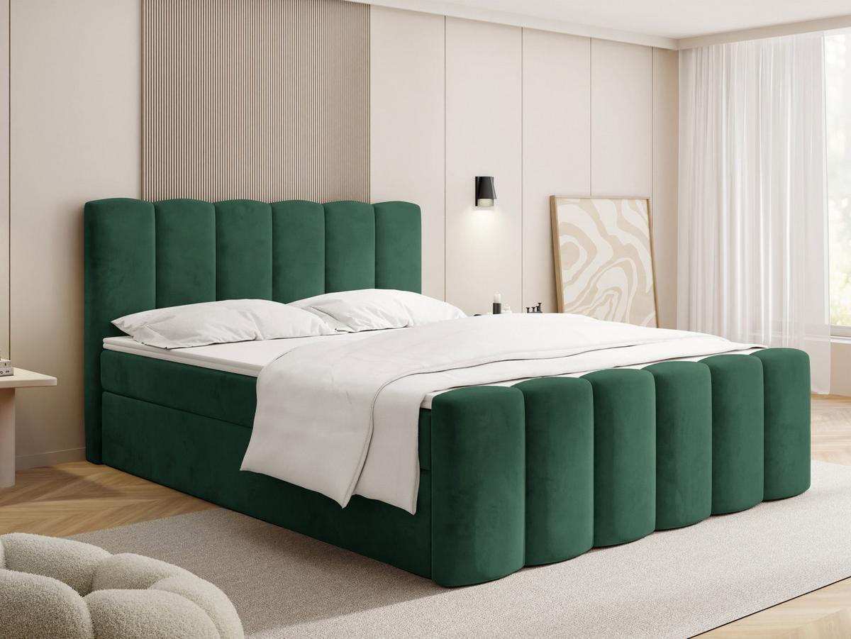 BOXBETT Serenity mit Bettkasten, Dunkelgrün Samt 180x200 cm – inkl. H4 Taschenfederkern Matratze & Foam Topper - Dunkelgrün/Schwarz, Holz/Holzwerkstoff (180/200cm) - WFL GROUP
