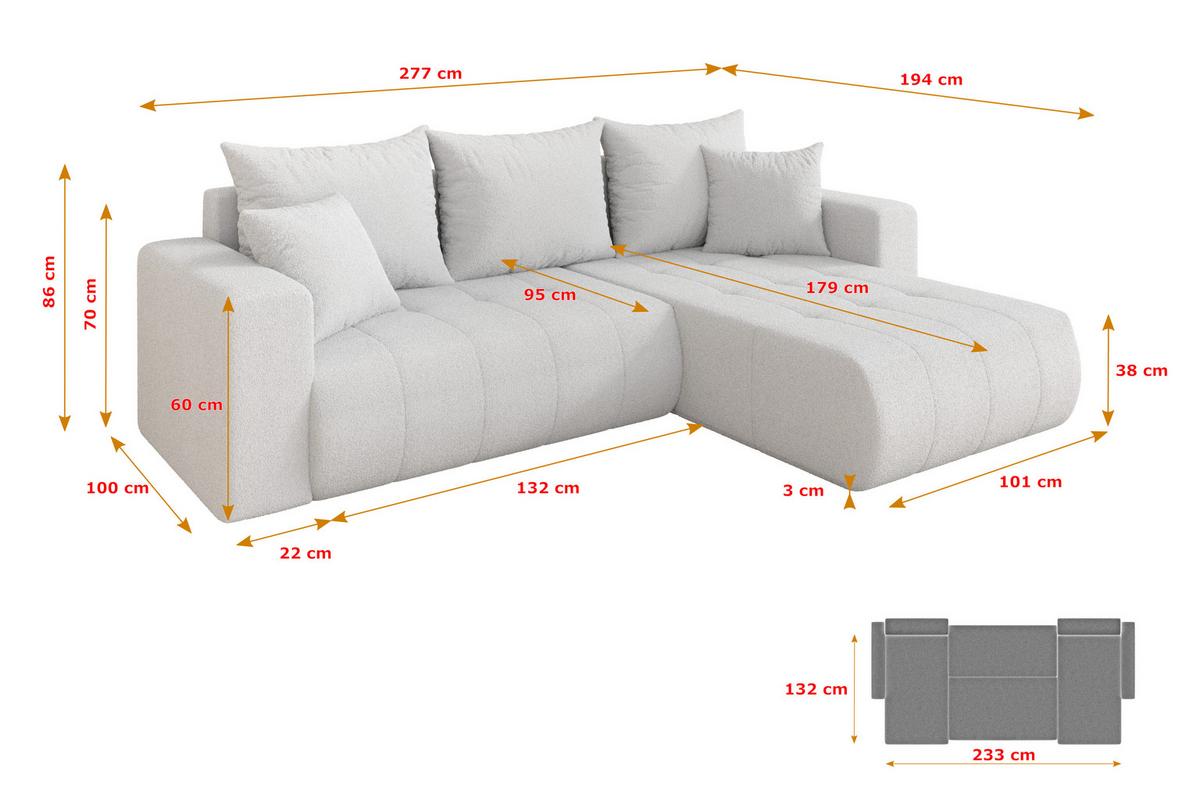 ECKSOFA mit Schlaffunktion Ottomane Rechts MILA-L 277x194x86 Weiß Bouclé - Schwarz/Weiß, Holzwerkstoff/Kunststoff (277/194cm) - ALTDECOR