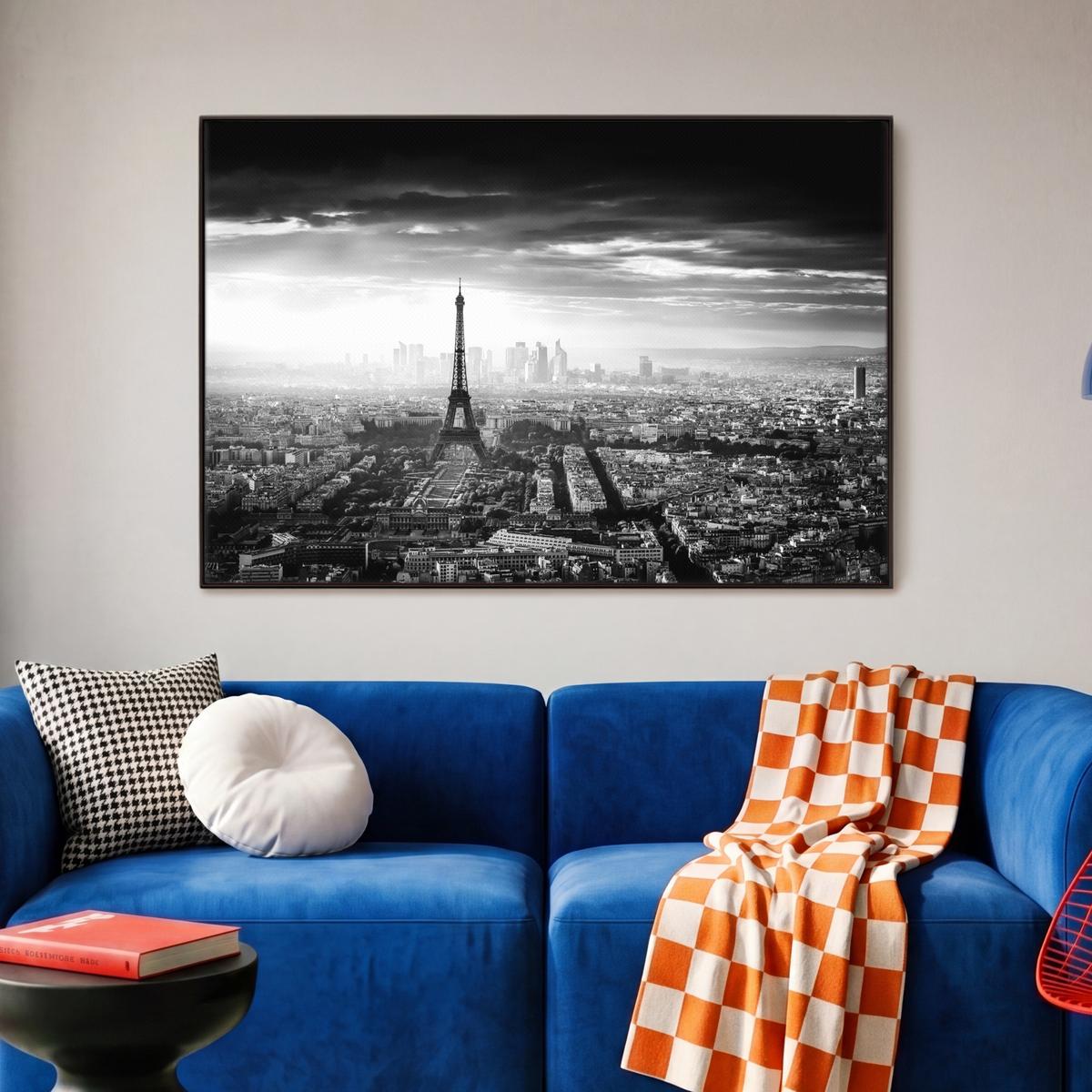 LEINWAND Bilder mit Rahmen - Paris - Skyline - Eiffelturm - Stadt - Wolken - 90x60 - Dunkelgrau, Textil (90/60cm) - MuchoWow