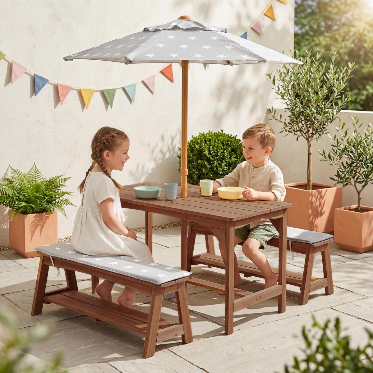 KINDERSITZGRUPPE mit Sitzauflage und Schirm teak - Teakfarben, Holz - Roba