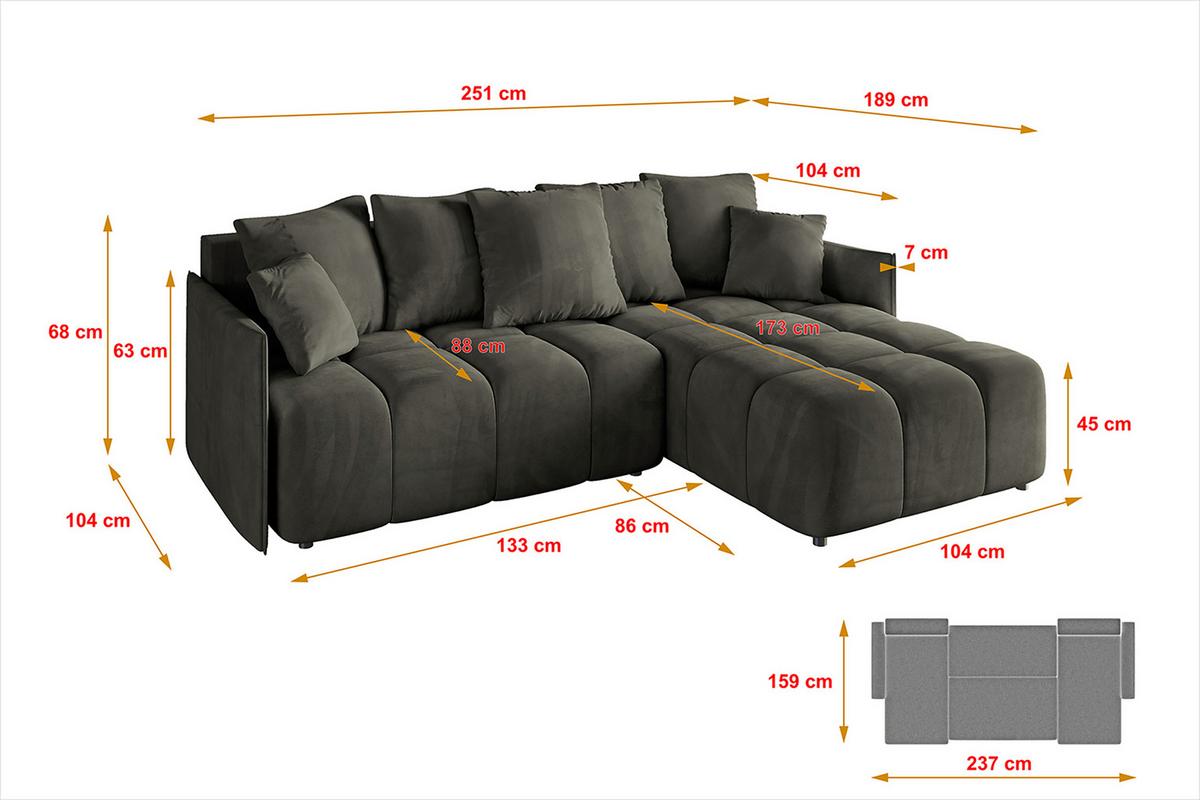 ECKSOFA Ottomane rechts LONLI-L 251x189x68 Schwarz Velours - Schwarz, Holzwerkstoff/Kunststoff (189/251cm) - ALTDECOR