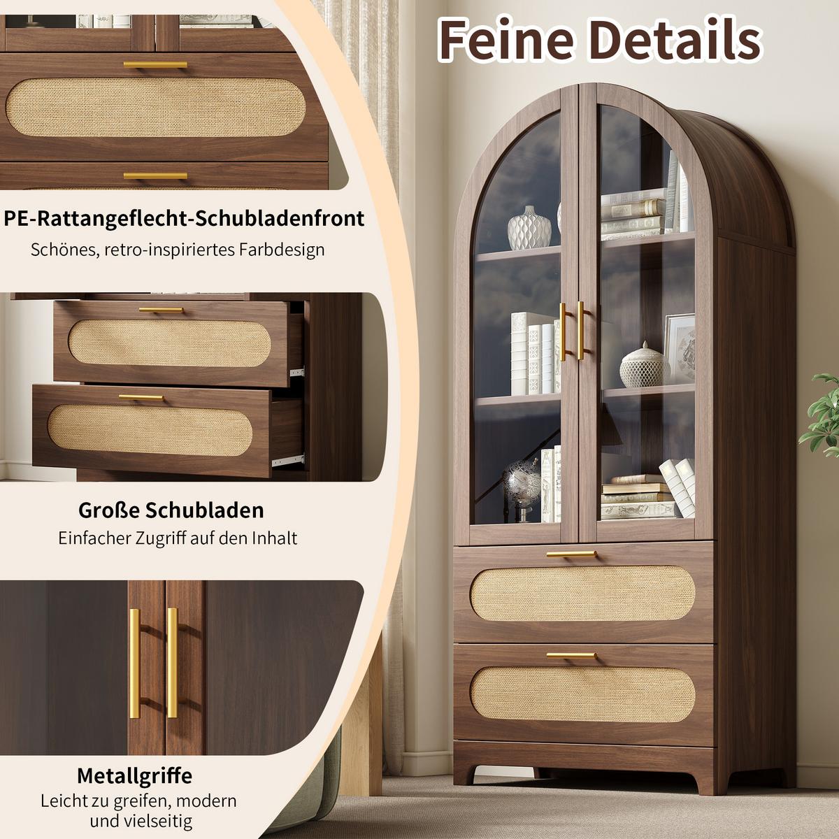 HIGHBOARD in Nussbaum-Optik mit Glas und PE-Rattan, Bogen-Design mit 2 Schubladen - Naturfarben, Holzwerkstoff (80/175/40cm) - Urban Meuble