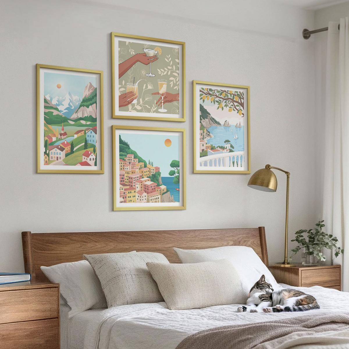 BILDER SET 4er Set - 50x50 cm & 40x60 cm Goldrahmen - Pastellfarbene Küstenhäuser - Goldfarben, Kunststoff (50/50cm) - TULUP