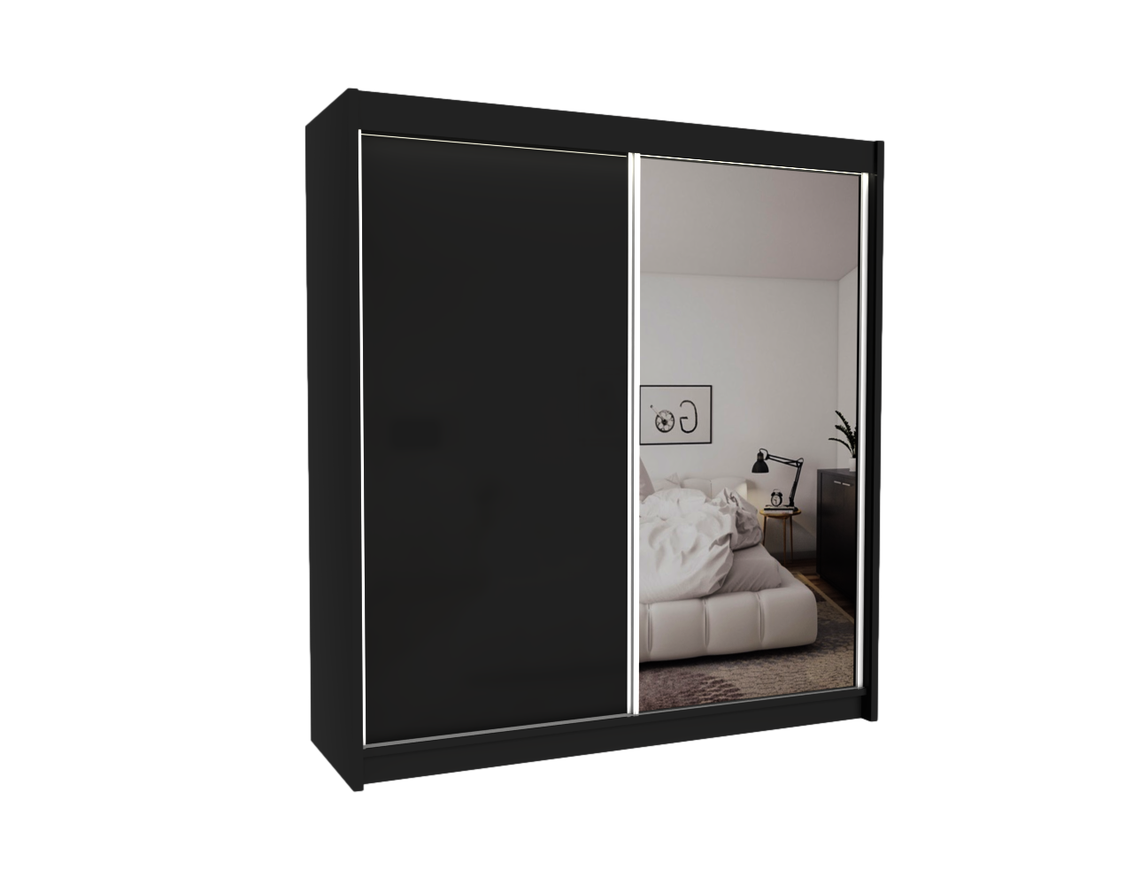 KLEIDERSCHRANK mit Spiegel-Schiebetüren und Aluminium-Leisten, LED-Beleuchtung - PARTI - 200 cm Schwarz - Schwarz, Holzwerkstoff (200/216/61cm) - ALTDECOR
