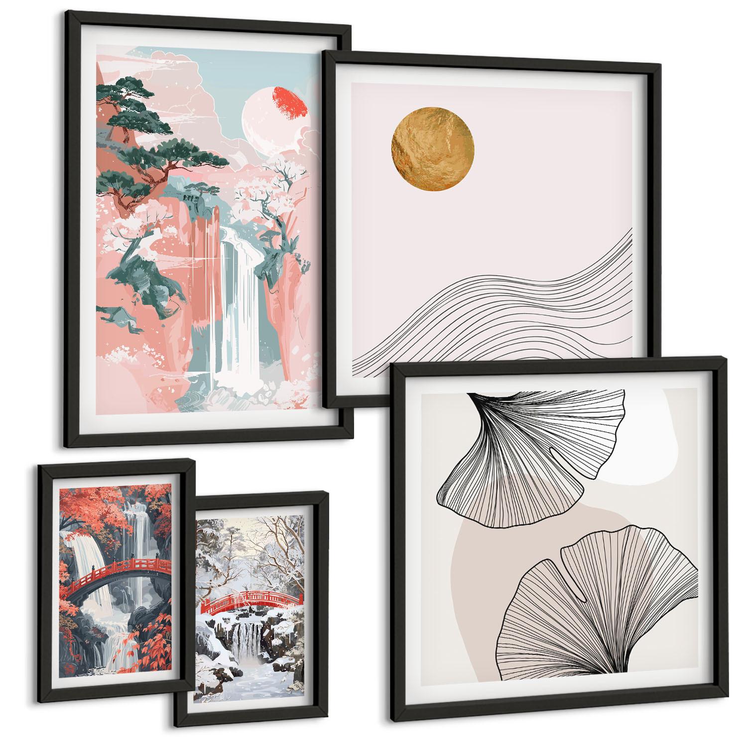 BILDER SET 5er Set - 50x50 cm & 20x30 cm & 40x60 cm Schwarzer Rahmen - Wasserfälle, Brücken, Bäume, Jahreszeiten - Schwarz, Kunststoff (40/60cm) - TULUP