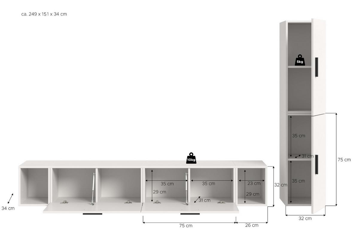 WOHNWAND weiß 249 x 184 cm, Wohnkombination hängend / stehend - Schwarz/Weiß, Holzwerkstoff/Kunststoff (249/184/34cm) - Inn.Furn