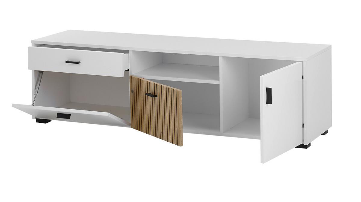 WOHNWAND 4-teilig weiß matt, Eiche 320 x 180 cm, Schrankwand mit viel Stauraum und Soft-Close - Eichefarben/Schwarz, Glas/Holzwerkstoff (320/180/42cm) - Furn.Design