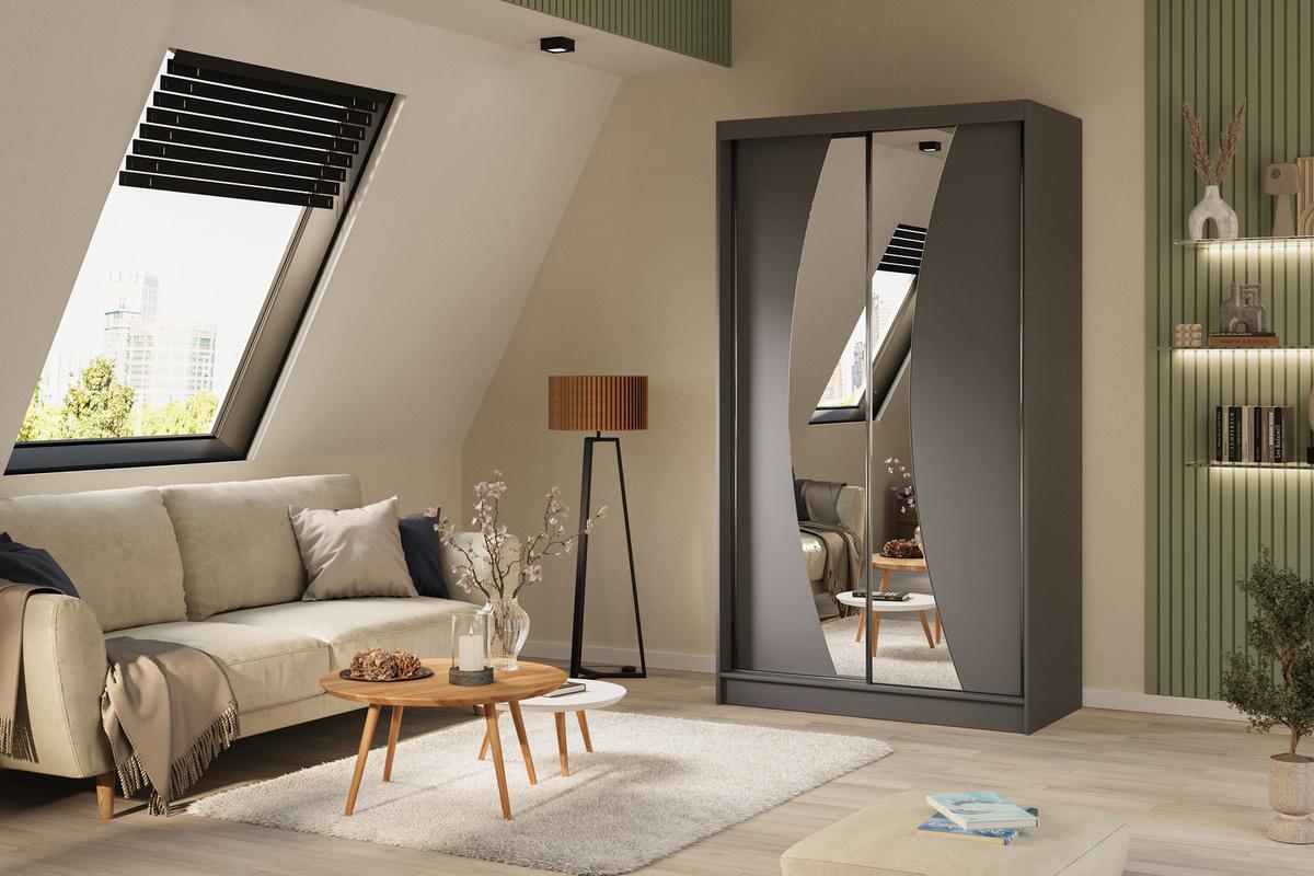 KLEIDERSCHRANK mit Spiegel-Schiebetüren und Aluminium-Leisten, LED-Beleuchtung- VOXI - 120 cm Grau - Grau, Holzwerkstoff (120/216/61cm) - ALTDECOR