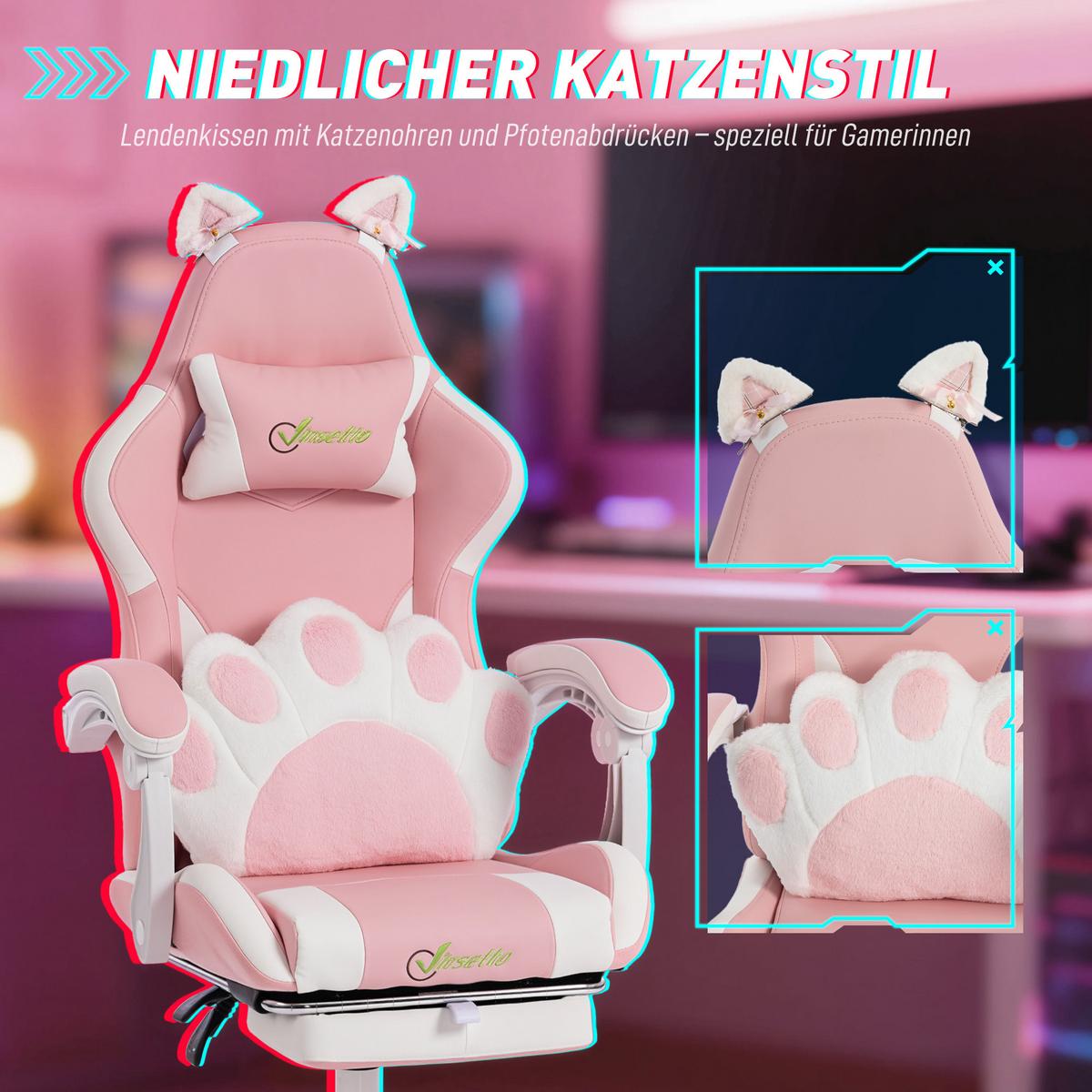 GAMING-STUHL Kunstleder Rosa - Rosa/Weiß, Kunststoff/Textil (53/128/63.5cm) - Vinsetto