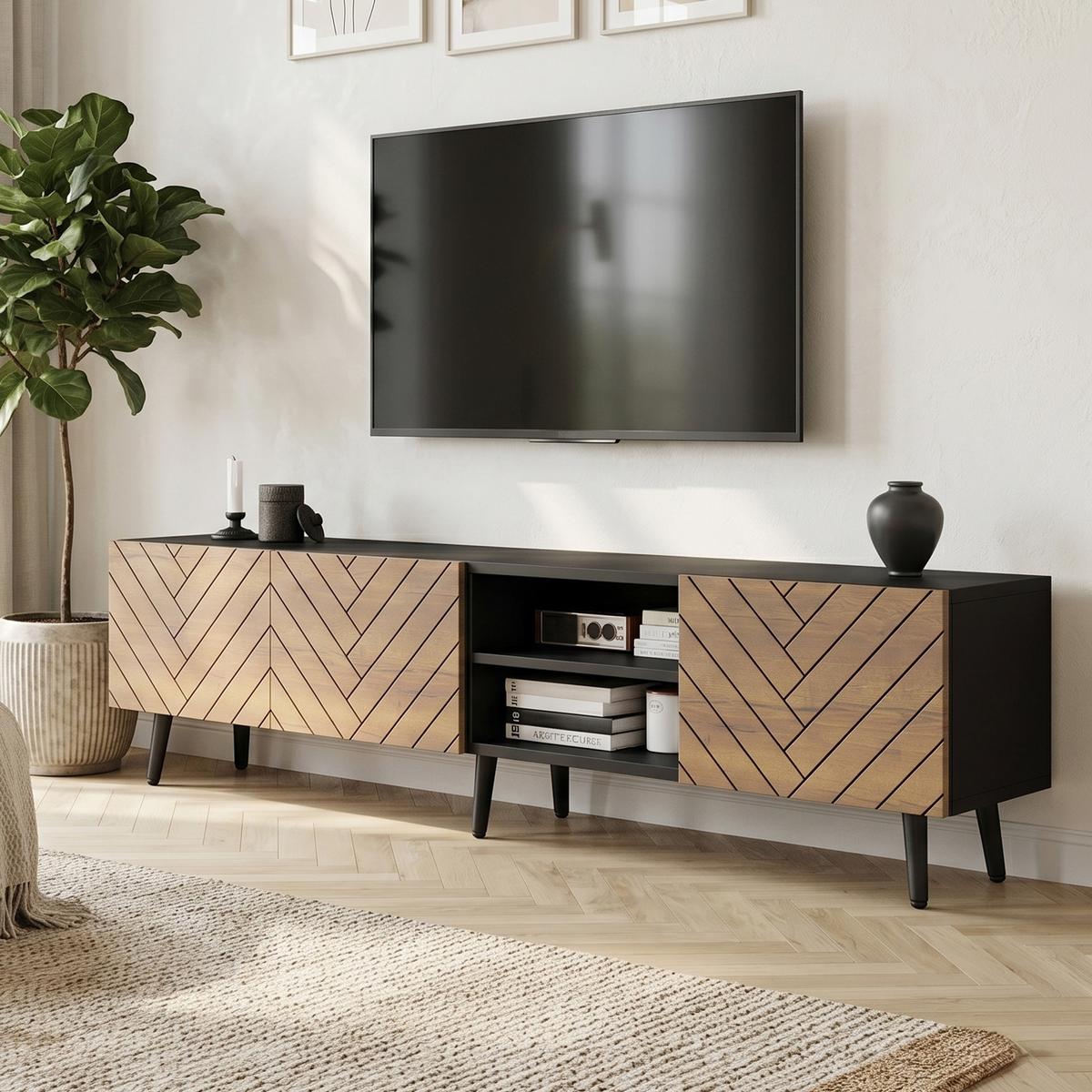 TV-LOWBOARD 180cm Schwarz & Holzoptik für 75 Zoll TV, 3 Türen & Kabelmanagement - Naturfarben, Holzwerkstoff (180/45/33.5cm) - Urban Meuble
