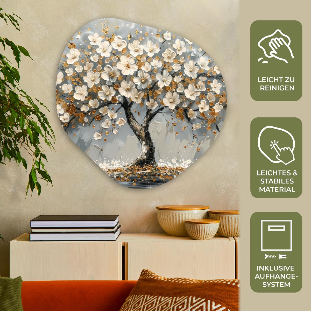 WANDBILD Baum - Gold - Blumen - Abstrakt - Kunst Room Decor 90x90 cm - Goldfarben, Kunststoff (90/90cm) - MuchoWow