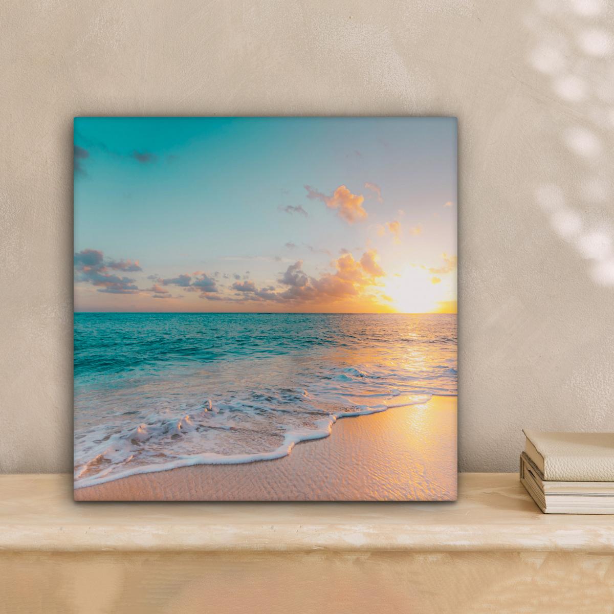 LEINWANDBILD Sonnenuntergang - Strand - Meer - Sommer - Blau Deko Wohnzimmer 20x20 cm - Multicolor, Textil (20/20cm) - MuchoWow