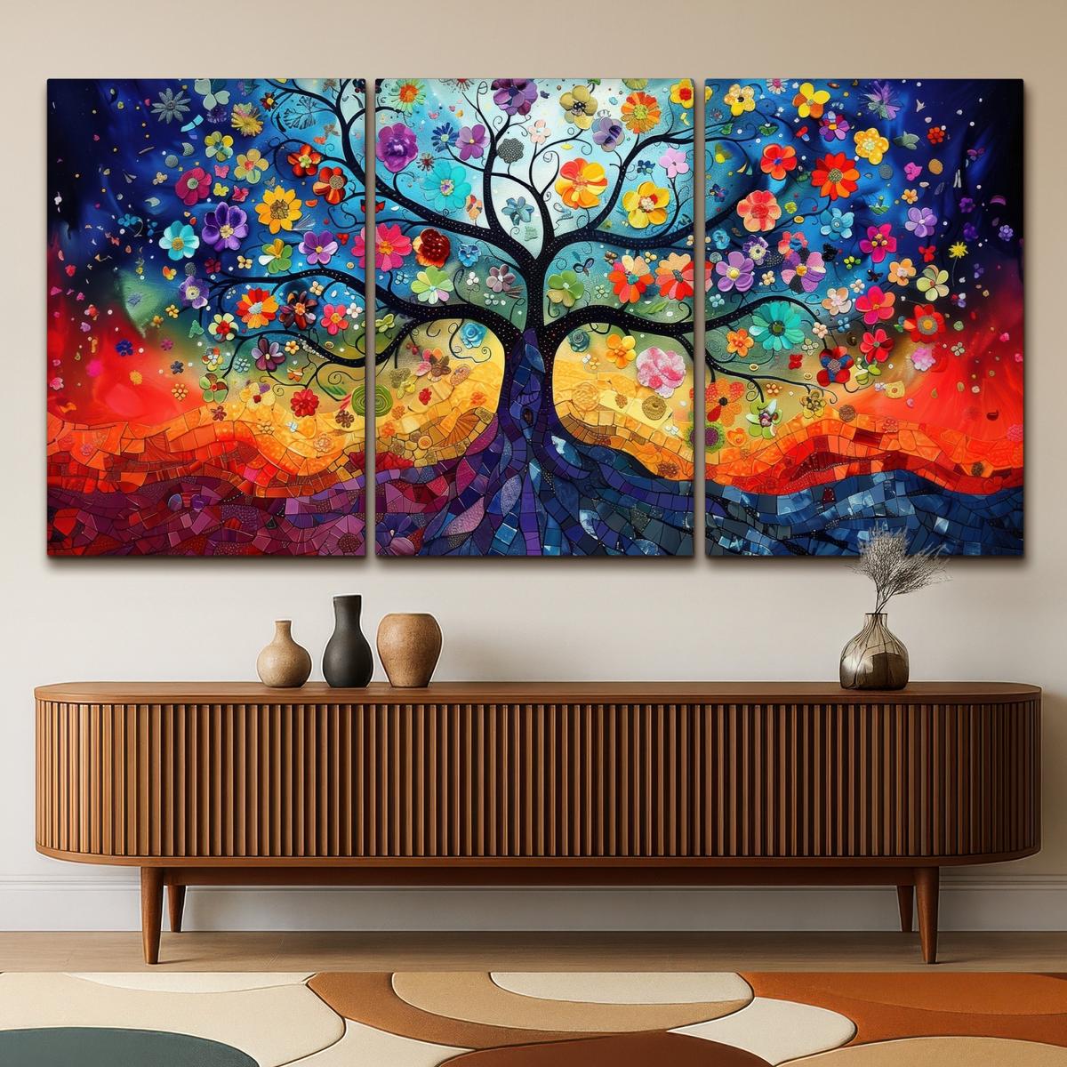 LEINWANDBILD 3er Set Bunt - Baum des Lebens - Blumen - Abstrakt 240x120 cm - Blau, Textil (240/120cm) - MuchoWow
