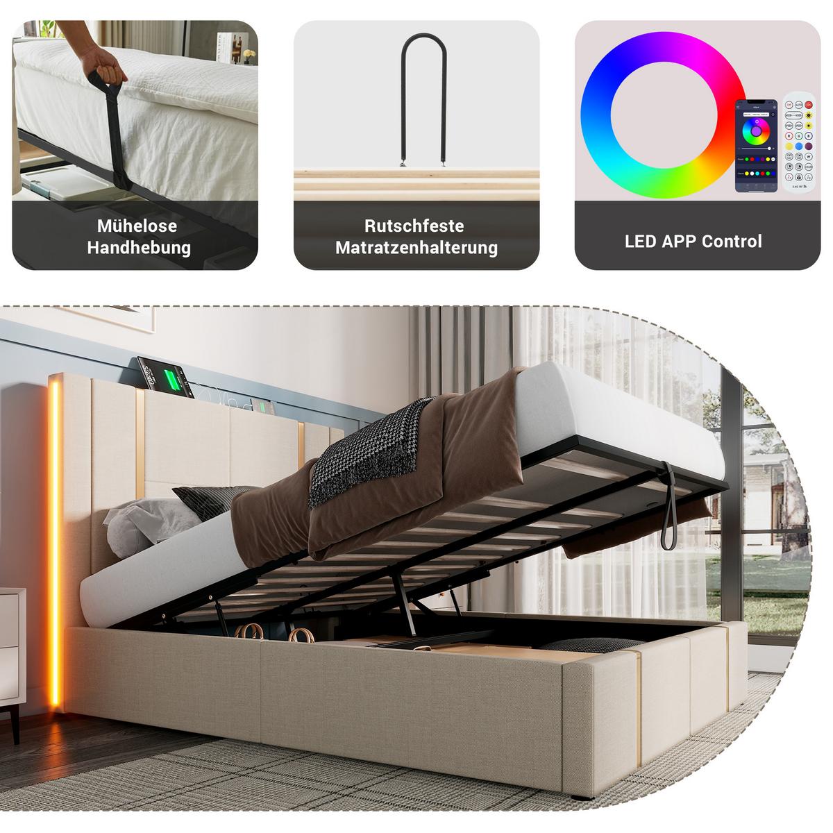 POLSTERBETT Leinen Beige mit LED USB Typ C Stauraum 160×200 cm - Beige, Holzwerkstoff/Textil - Urban Meuble