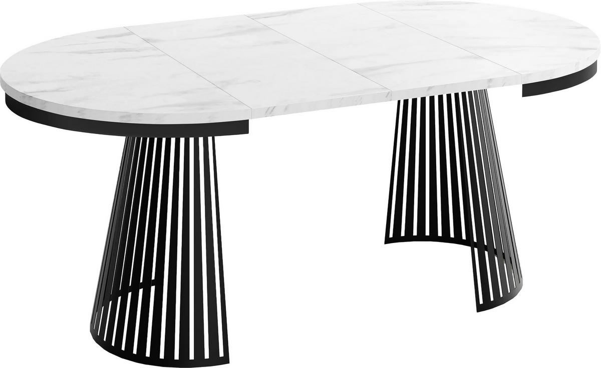 ESSTISCH Naro rund ausziehbar mit Schwarzem Lamellen-Metallgestell, Marmor Weiß 100-180/100/76 cm - Ecru/Schwarz, Holzwerkstoff/Metall (100/176/76cm) - WFL GROUP