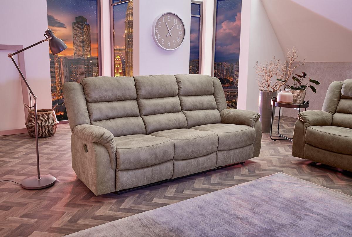 3-SITZER-RELAXSOFA Federkern, Liegefunktion verstellbar durch halbautomatische Relaxfunktion B212/T93/H103 cm, Mikrofaser Vintage Graubraun / 15134 - Graubraun/Schwarz, Textil (212/103/93cm) - luma-home