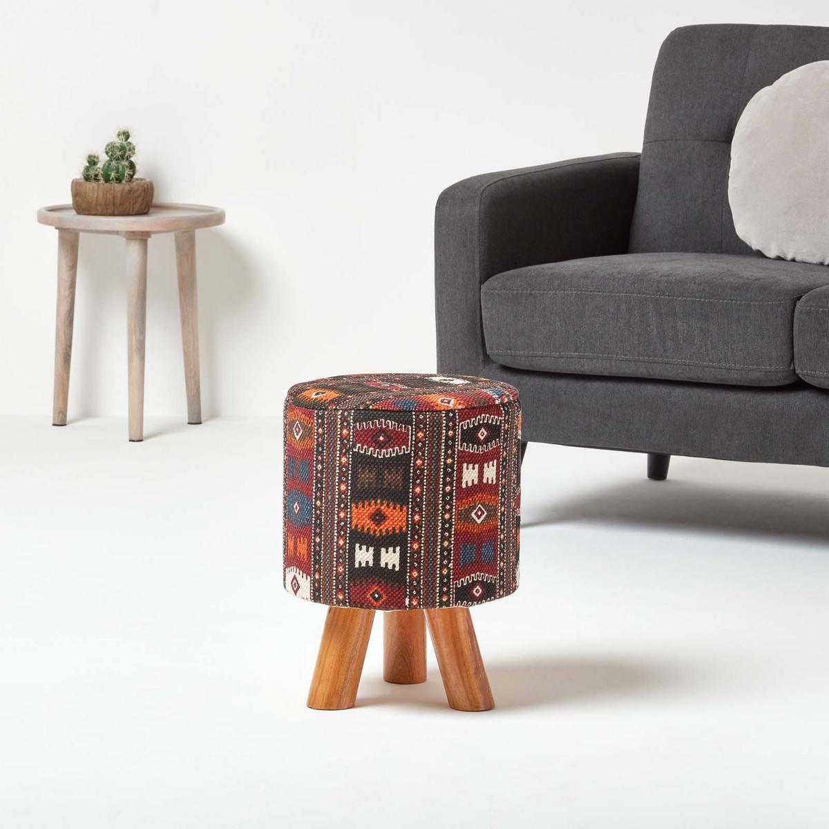 DREIBEIN-HOCKER rund mit Kelim-Muster, 32/32/42 cm - Rot, Textil (32/42/32cm) - Homescapes