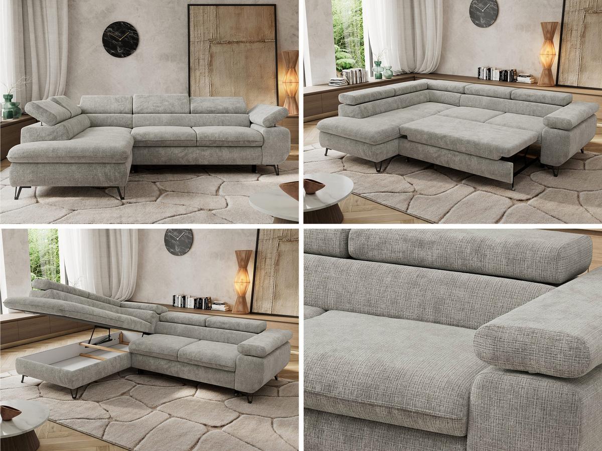 ECKSOFA PABLO L Hellgrau Schenille grob gewebt - Links Seite mit T25 Topper - Hellgrau/Schwarz, Textil/Metall (208/273cm) - MKS
