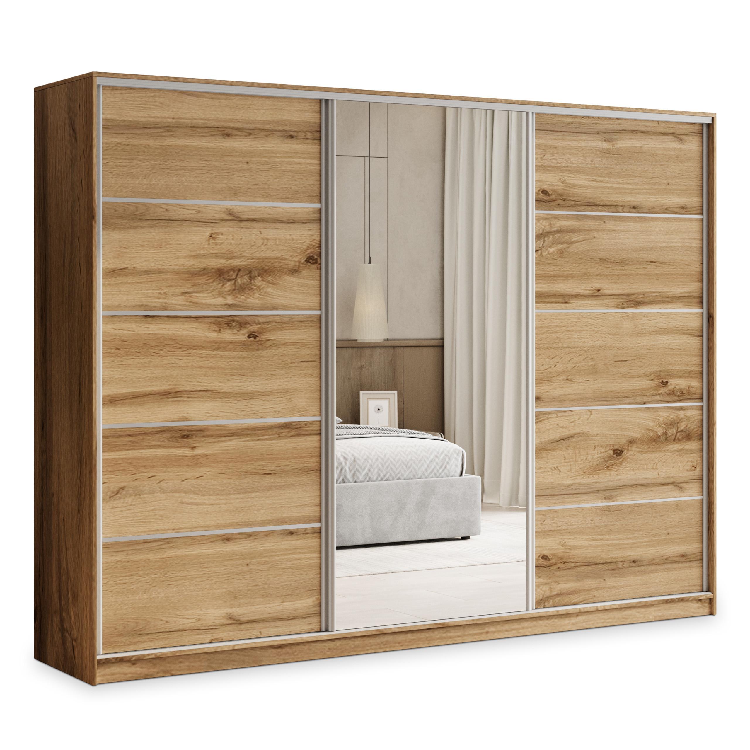 SCHWEBETÜRENSCHRANK PINA 270/205/58 cm 3-türig mit Spiegel und 4 Schubladen Eiche Wotan - Eiche Wotan, Holzwerkstoff (270/205/58cm) - MASSENO
