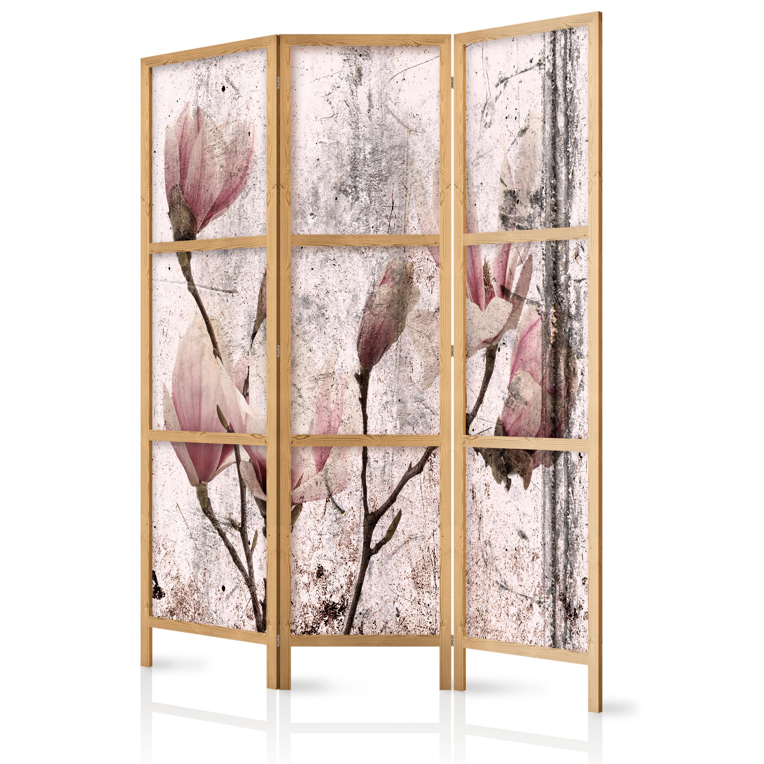 PARAVENT Japanischer 3-tlg 135x172 cm Vintage Magnolien - Rosa, Holz/Textil (135/172/3cm) - Muralo