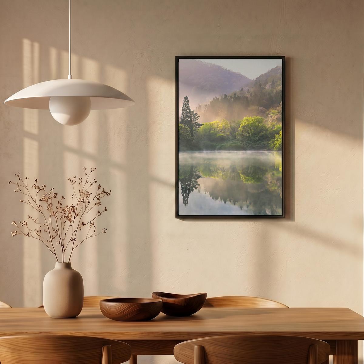 LEINWAND Bilder mit Rahmen - Natur - Bäume - Berge - See - Wasser - 40x60 - Hellgrün, Textil (40/60cm) - MuchoWow