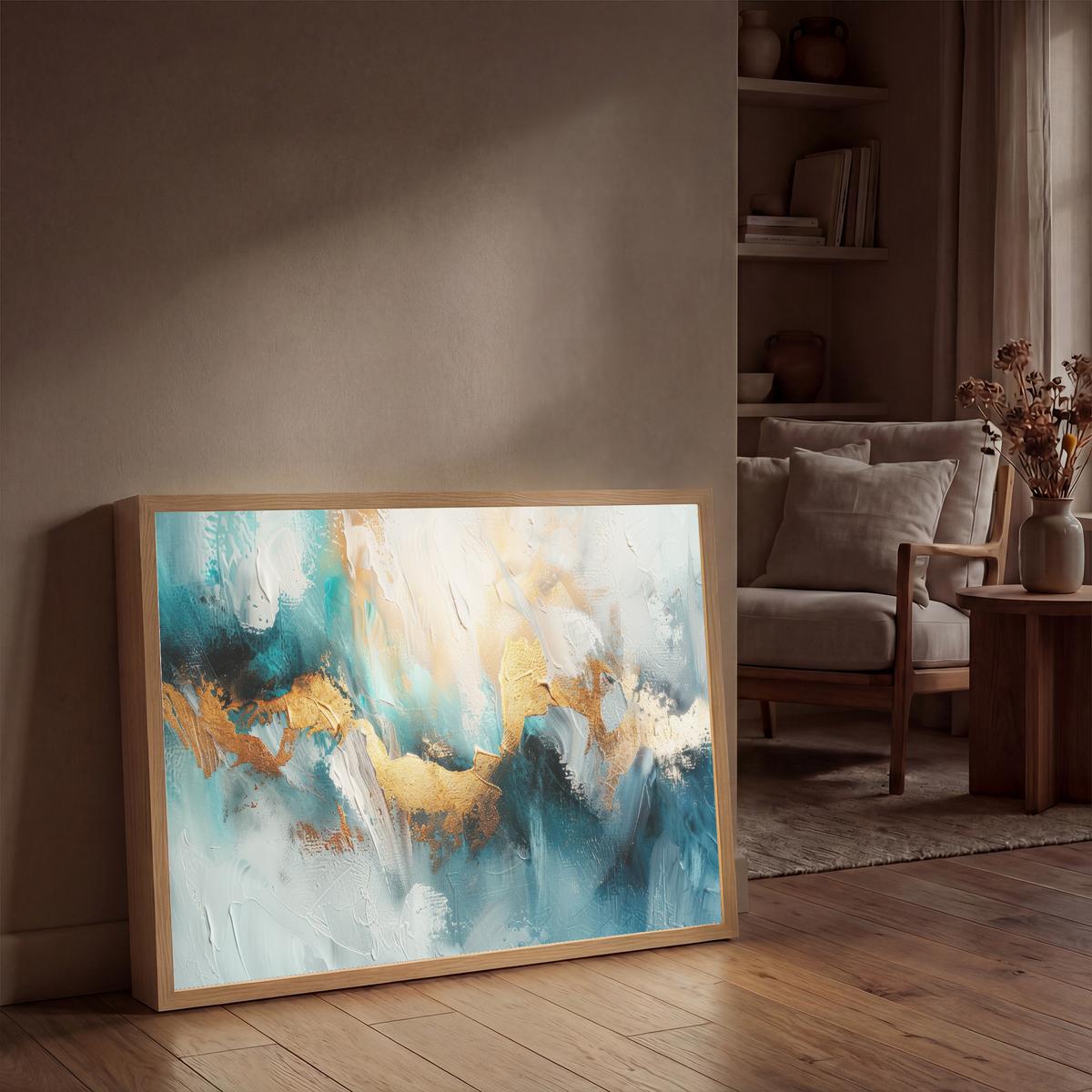 WANDLEUCHTE MIT AKKU Abstrakt - Kunst - Gold - Blau 90x60 cm - Türkis, Holzwerkstoff (90/60/8cm) - OnlyWow