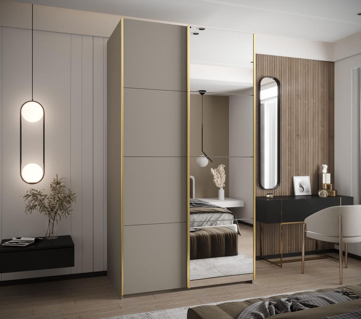 SCHWEBETÜRENSCHRANK 245,5/140/64 2-türig - Kaschmir/Goldfarben, Holz/Metall (140/245/64cm) - Abiks Möbel