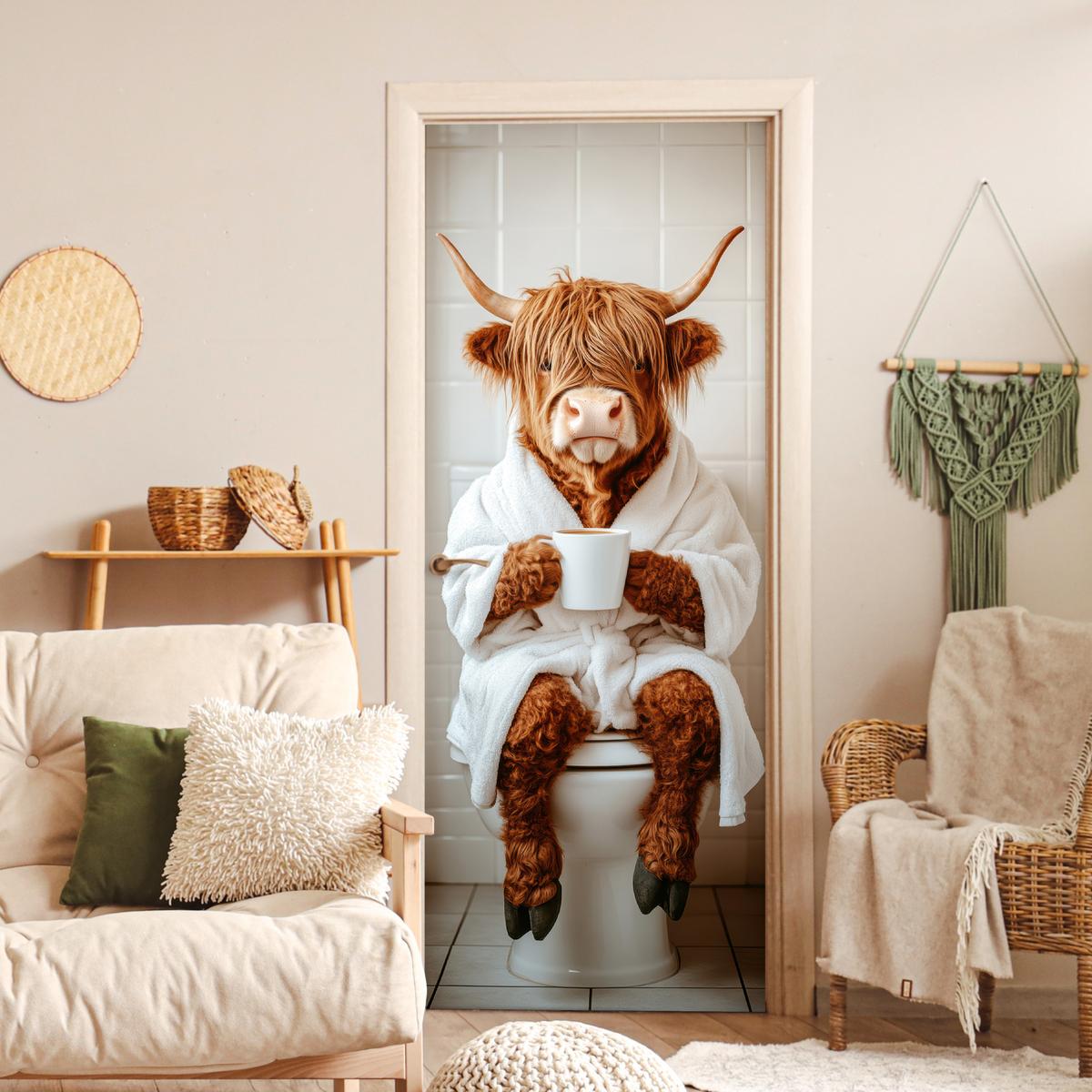 TÜRAUFKLEBER Schottischer Highlander - WC - Bademantel - Modern - Tiere 85x215 cm - Türtapete - Kastanienfarben, Kunststoff (85/0.1cm) - MuchoWow