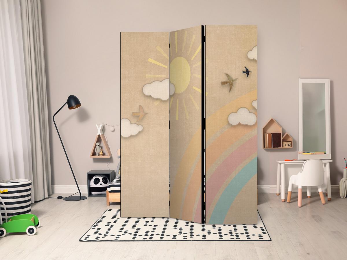 PARAVENT Akustik 3-tlg 135x172 cm Regenbogen Sonne Boho - Beige, Holz/Textil (135/172/3cm) - Muralo