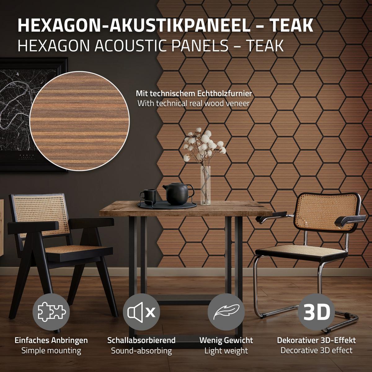 AKUSTIKPANEEL 2er Set Schallschutzplatten Hexagon Teak Holzoptik 66x81x2 cm aus Filz - Dunkelbraun, Holzwerkstoff (2.1/81.1/66.6cm) - ML-DESIGN