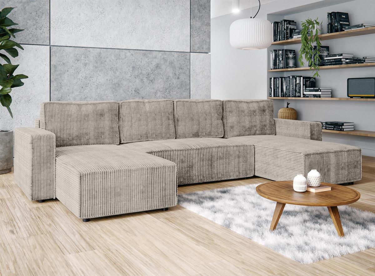 WOHNLANDSCHAFT Aydin U Form Beige 338/169/85 cm Cord mit Schlaffunktion - Beige/Schwarz, Kunststoff/Textil (338/85/169cm) - AX Living
