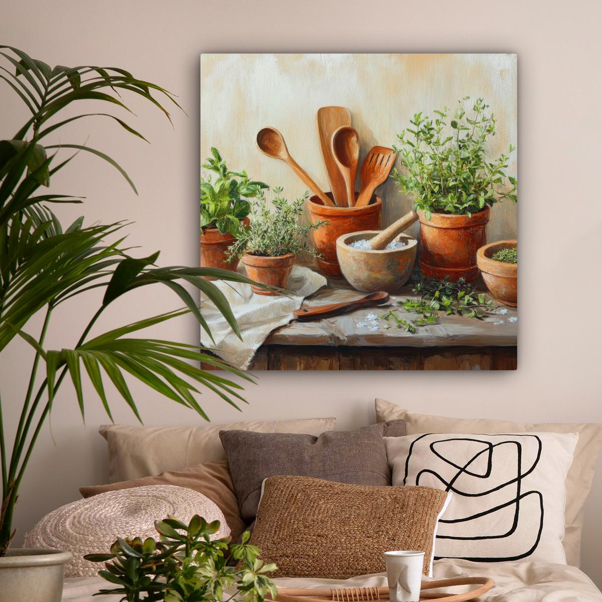 LEINWANDBILD Töpfe - Kräuter - Holz Deko Groß 90x90 cm - Terracotta, Textil (90/90cm) - MuchoWow