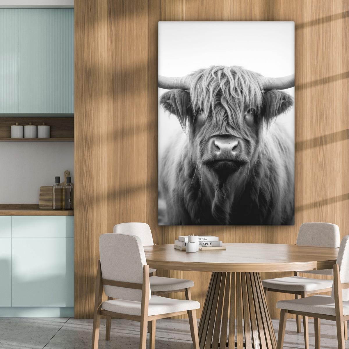 LEINWANDBILD Schottischer Highlander - Nebel - Schwarz - Weiß Deko XXL 80x120 cm - Grau, Textil (80/120cm) - MuchoWow