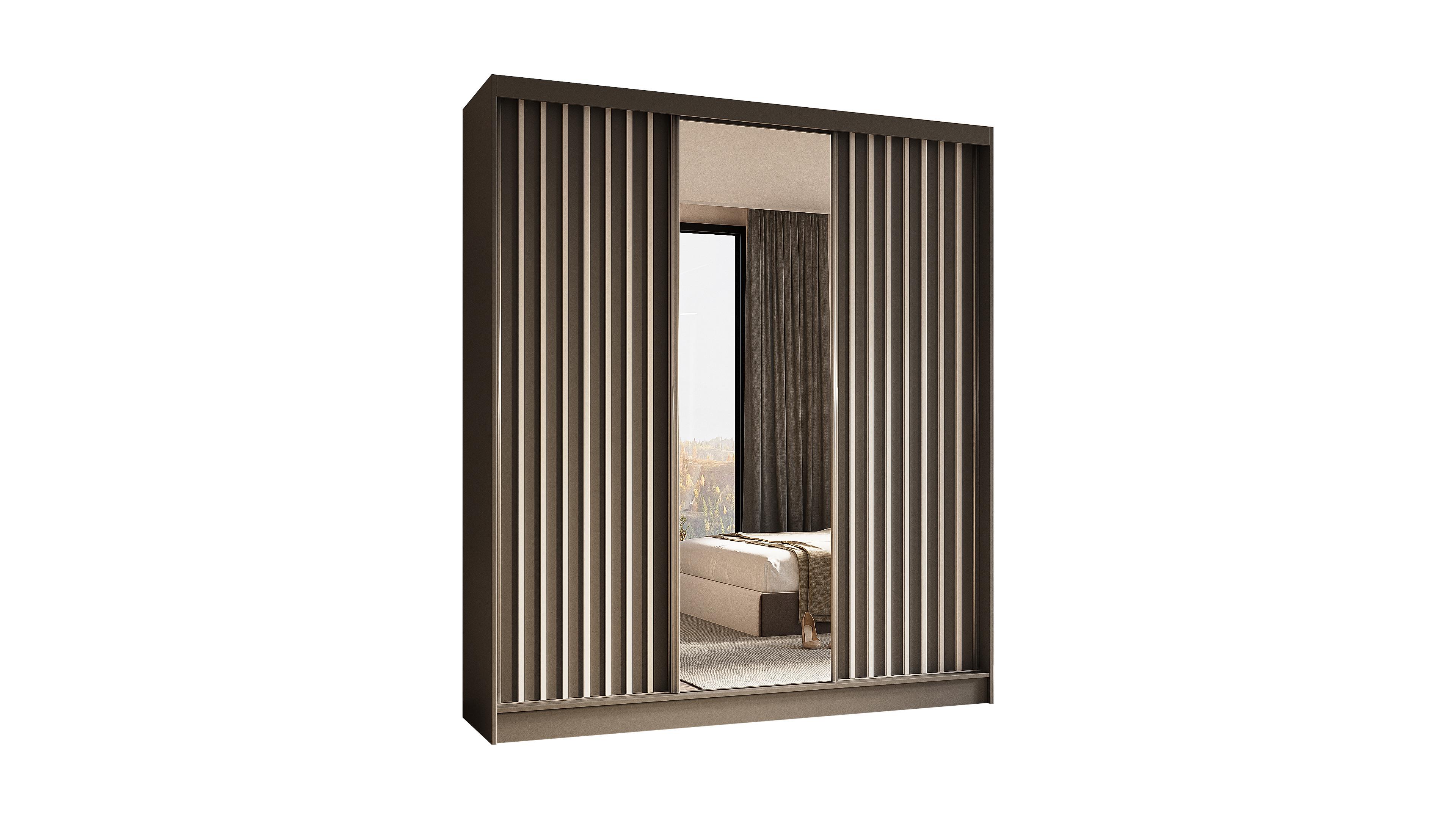 KLEIDERSCHRANK mit Spiegel-Schiebetüren und Aluminium-Leisten, LED-Beleuchtung - LAMELO - 180 cm Grau+Grau+Weiß - Weiß/Grau, Holzwerkstoff (180/216/61cm) - ALTDECOR