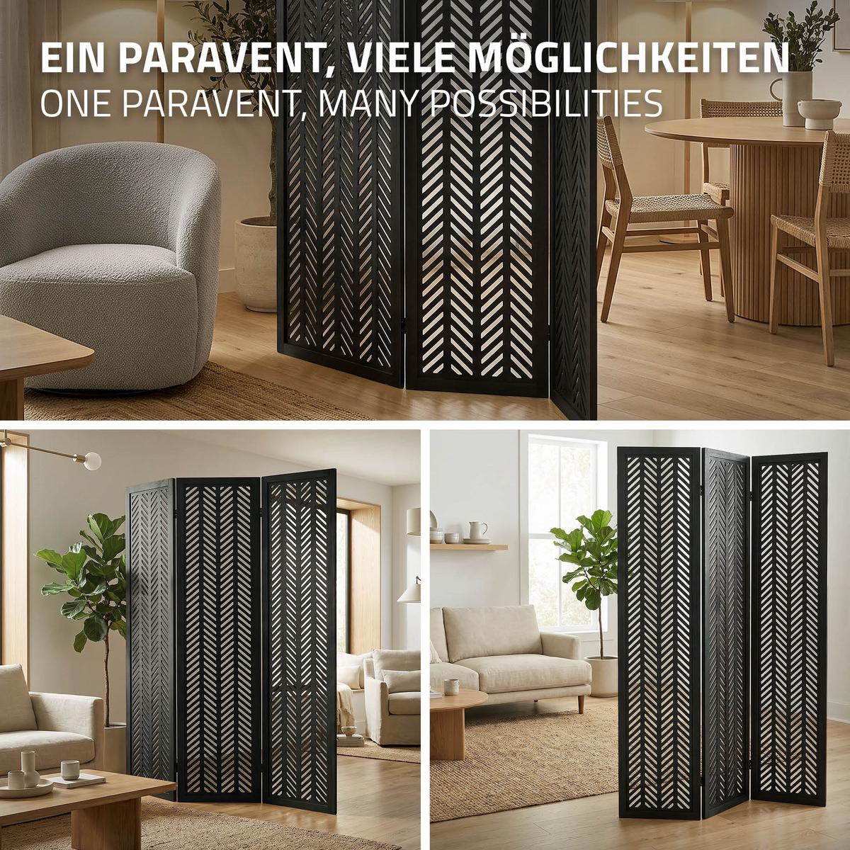 PARAVENT 3 teilig Kobe 170x121 cm Schwarz aus Holz - Schwarz, Holz (121/170/2cm) - ML-DESIGN