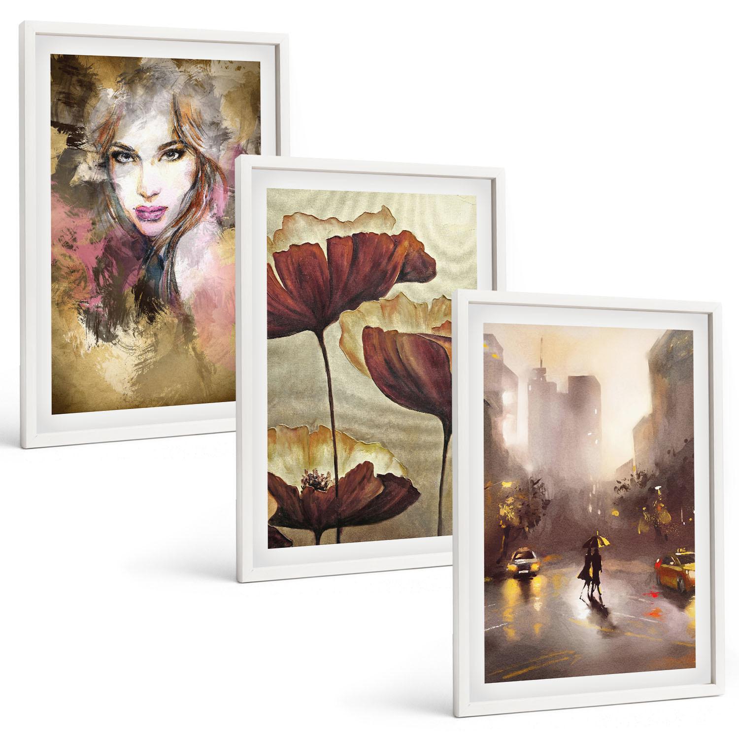BILDER SET 3er Set - 40x60 cm Weißer Rahmen - Abstraktes Porträt einer Frau mit Blumen und Regen - Weiß, Kunststoff (40/60cm) - TULUP