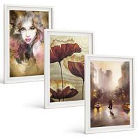 BILDER SET 3er Set - 40x60 cm Weißer Rahmen - Abstraktes Porträt einer Frau mit Blumen und Regen - Weiß, Kunststoff (40/60cm) - TULUP