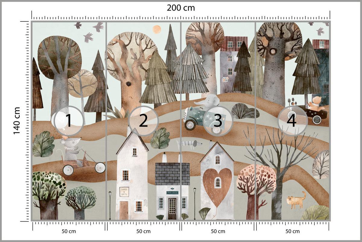 FOTOTAPETE für Kinderzimmer Fantastische Stadt Häuser Wald Tiere Autos 200x140 - Beige/Braun, Papier (200/140cm) - Muralo