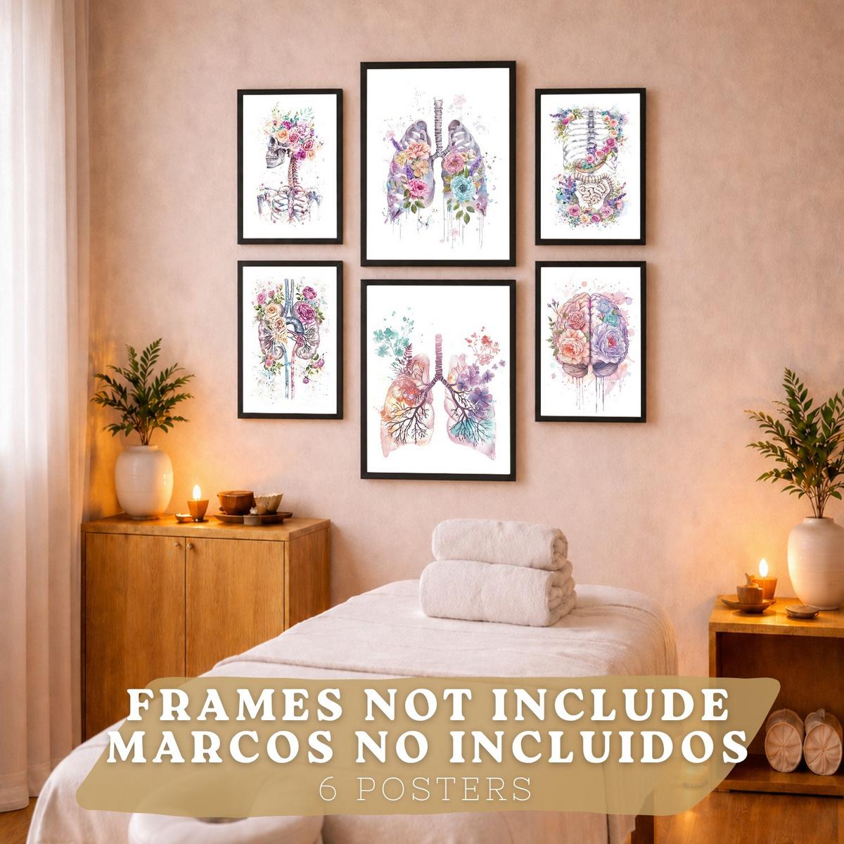 POSTER Set aus 6 Anatomie Mensch Florale Aquarell Drucke und mit Gehirn Lungen Skelett Nieren und Organen Botanische Größe Rahmenlos A3 & A4 - Klar, Papier (29.7/42/3cm) - Nacnic
