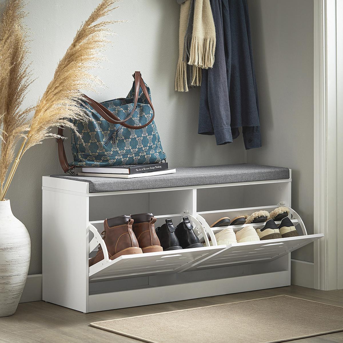 SCHUHBANK mit 2 Türen Weiß 97x30x47cm Modern - Weiß, Holzwerkstoff (30/47/97cm) - SoBuy