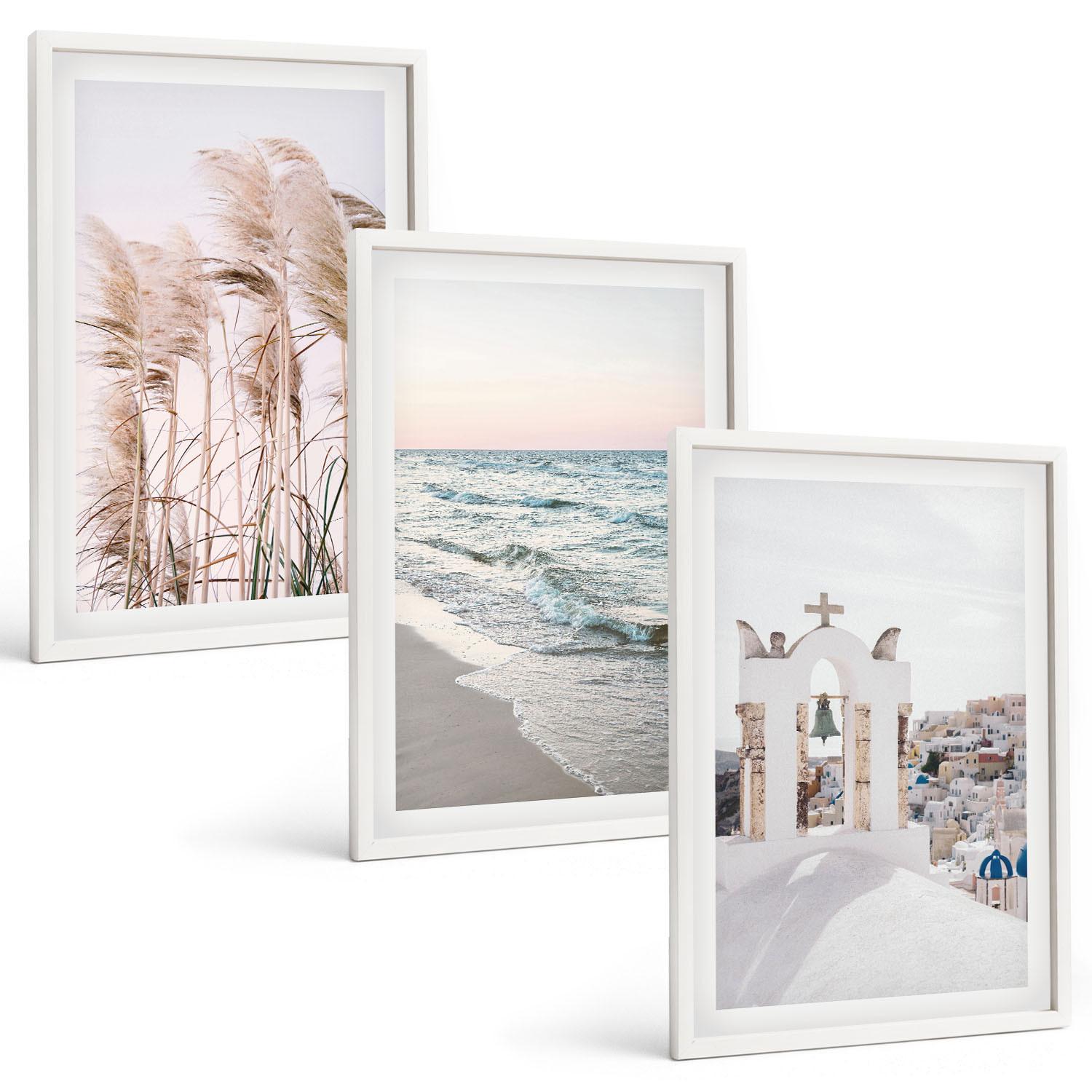 BILDER SET 3er Set - 40x60 cm Weißer Rahmen - Pflanzen, Meereswellen, Aussicht, Häuser - Weiß, Kunststoff (40/60cm) - TULUP