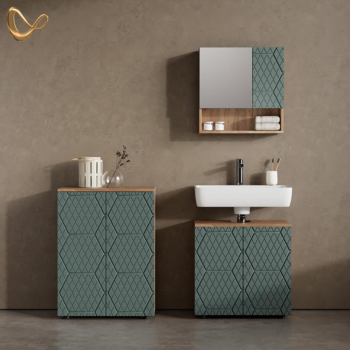 BADMÖBEL-SET Ronco Grün/Goldkraft Eiche 3 Teile, mit Unterschrank 60 cm - Honigeiche/Grün, Holzwerkstoff (60/59/30cm) - Livinity®