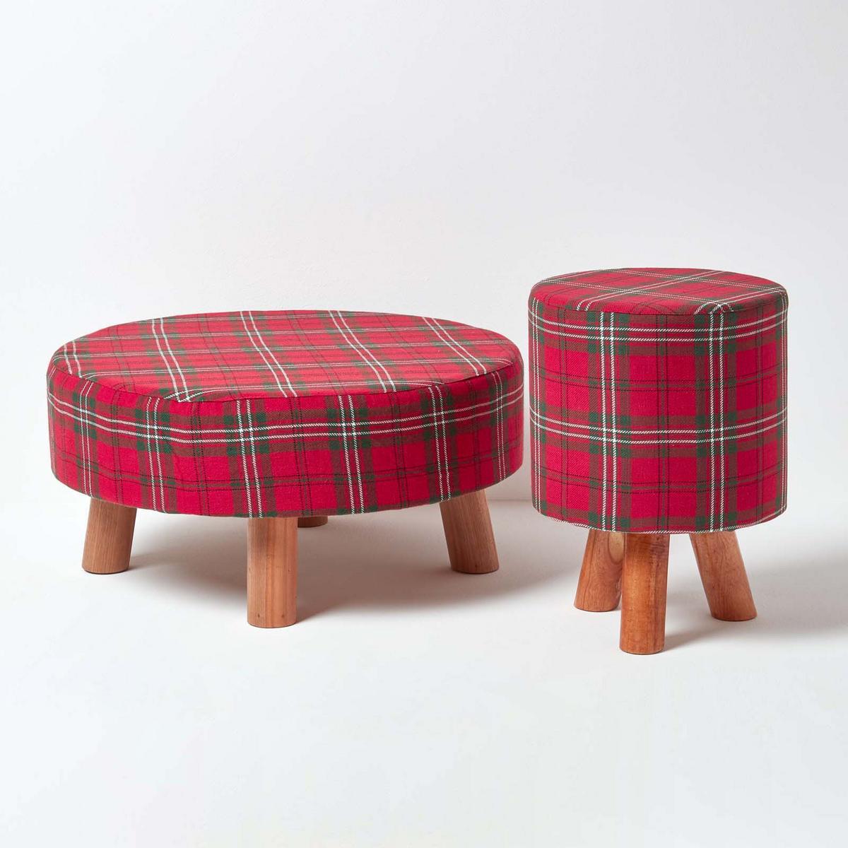 HOCKER Edward Tartan rot kariert, 32/32/42 cm - Rot, Textil (32/42/32cm) - Homescapes