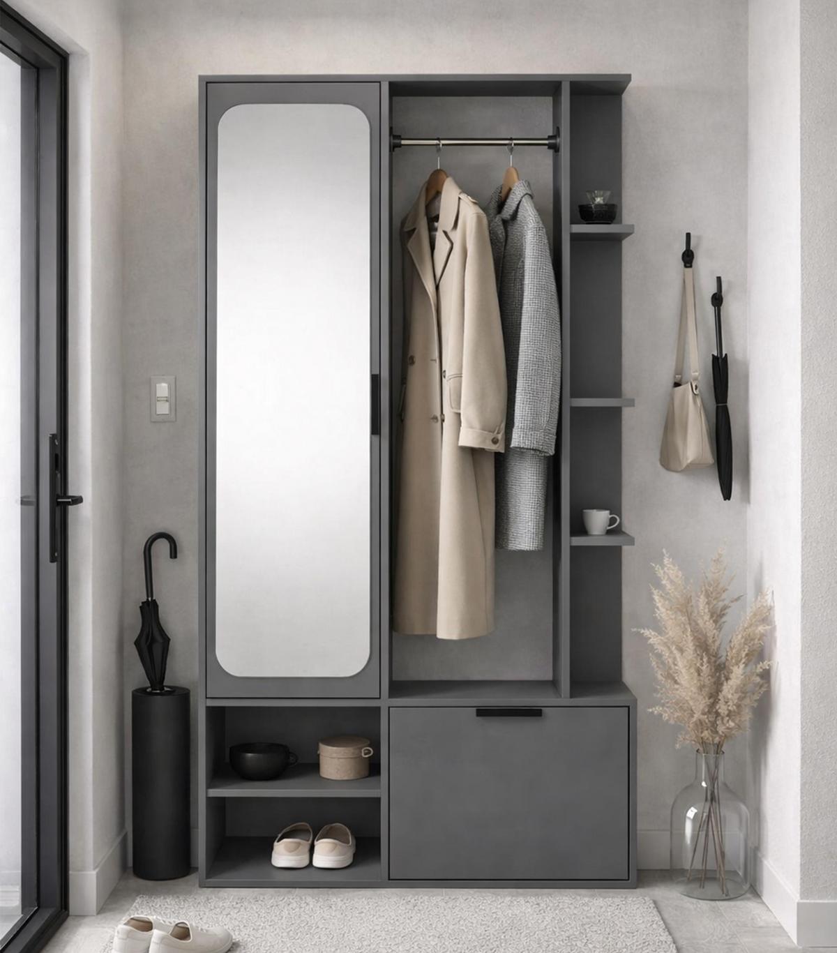 GARDEROBENSCHRANK Nemrut Grau 100/189/33 cm – Modern, mit Spiegel und viel Stauraum - Grau, Holzwerkstoff/Kunststoff (100/189.4/33cm) - AX Living