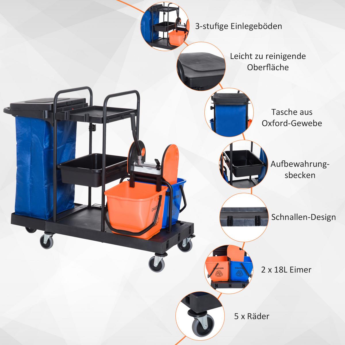 HOMCOM Reinigungstrolley – 4 leichtgängige Räder, Schwarz/Blau/Orange, 111 x 63,3 x 103 cm - Schwarz, Kunststoff/Metall (63.3/103/111cm) - HOMCOM